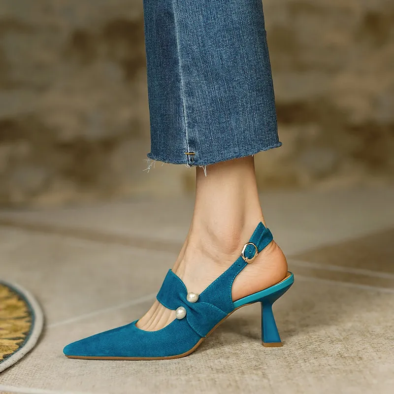 goosudu Party Prom Women Slingbacks Pumps Summer New Kid Suede Sandals Fashion Pointed Toe High Heels Shoes Woman Heels for Women