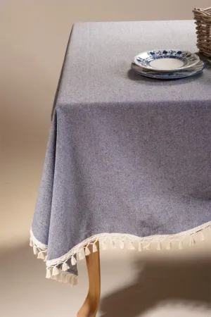 Grey Tasselled Pure Cotton Table Cloth
