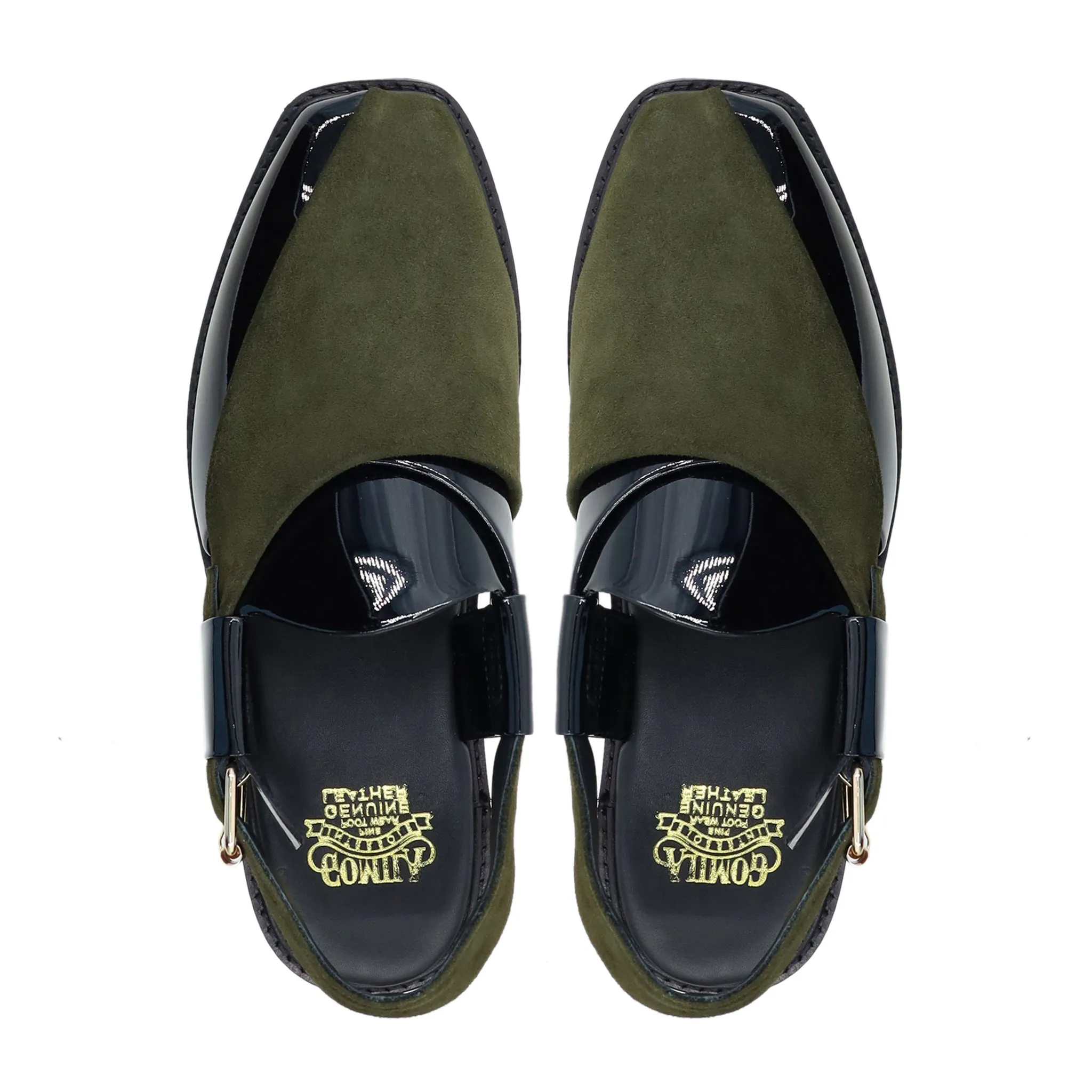 Hassium - Men's Black Patent Leather and Olive Green Kid Suede Sandal