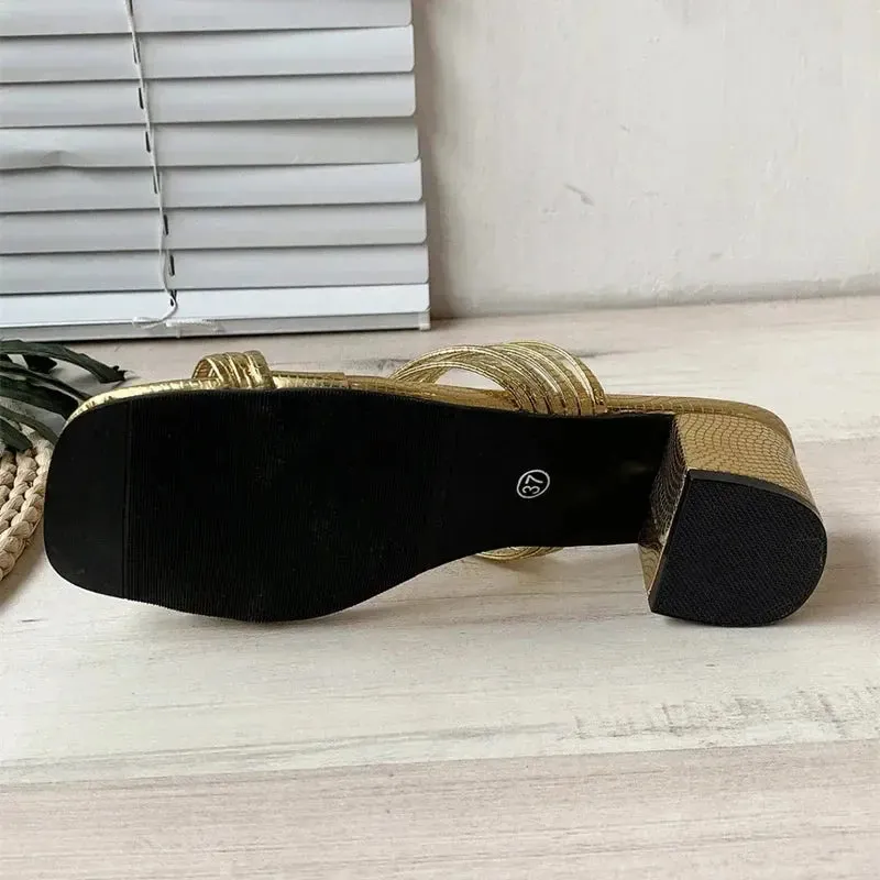 High Heels Sandals Women's Shoes Trends Sexy Gold Fashion Slippers Square Toe Thick With Luxury Party Shoes