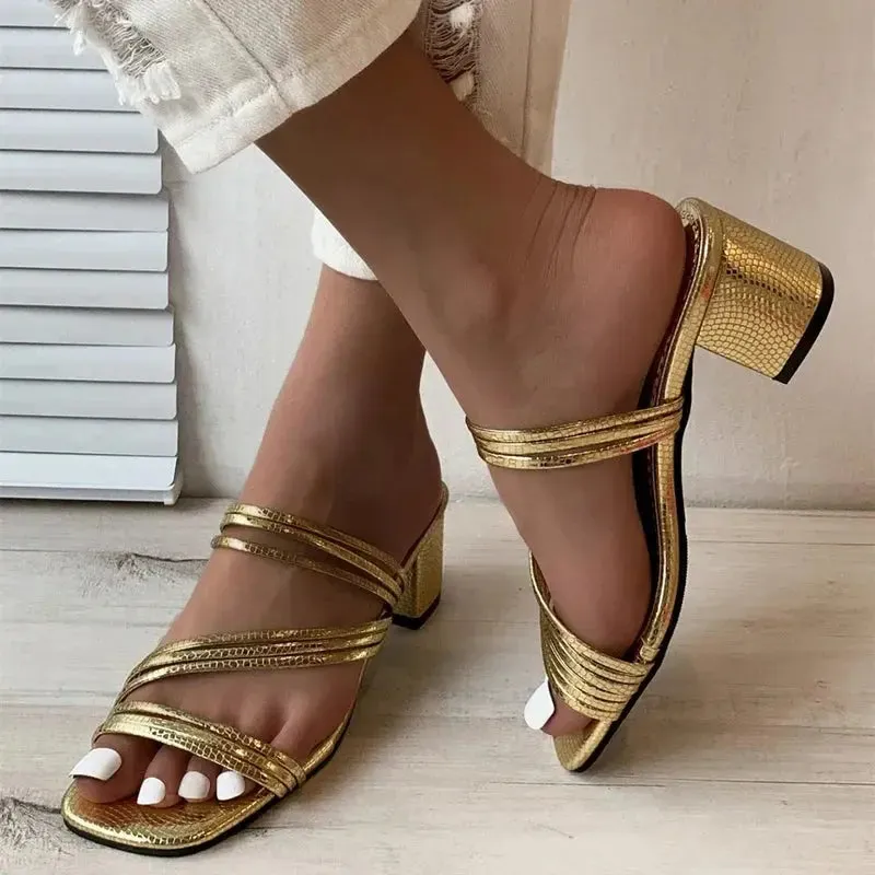 High Heels Sandals Women's Shoes Trends Sexy Gold Fashion Slippers Square Toe Thick With Luxury Party Shoes