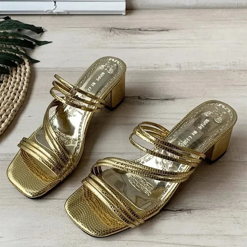 High Heels Sandals Women's Shoes Trends Sexy Gold Fashion Slippers Square Toe Thick With Luxury Party Shoes