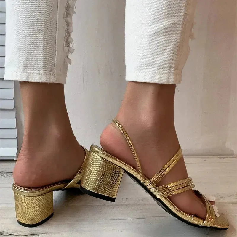 High Heels Sandals Women's Shoes Trends Sexy Gold Fashion Slippers Square Toe Thick With Luxury Party Shoes
