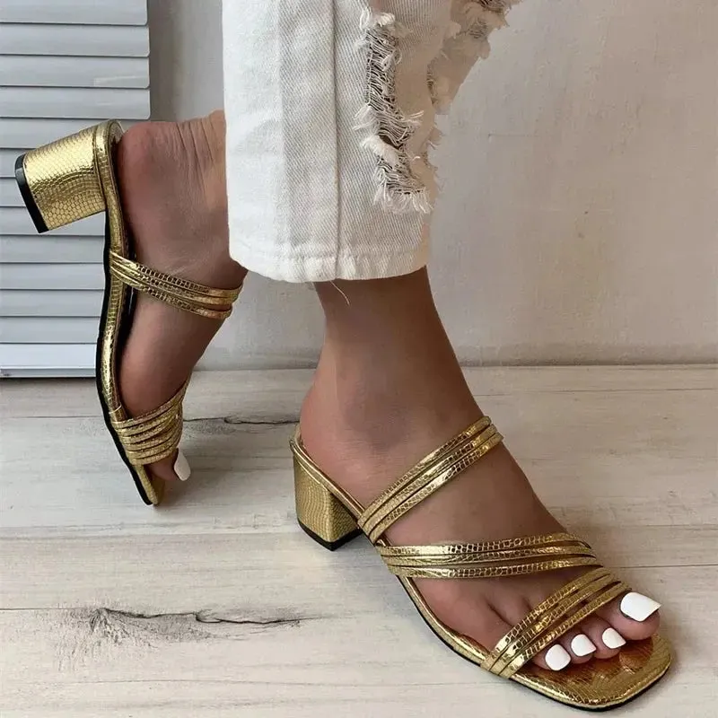 High Heels Sandals Women's Shoes Trends Sexy Gold Fashion Slippers Square Toe Thick With Luxury Party Shoes