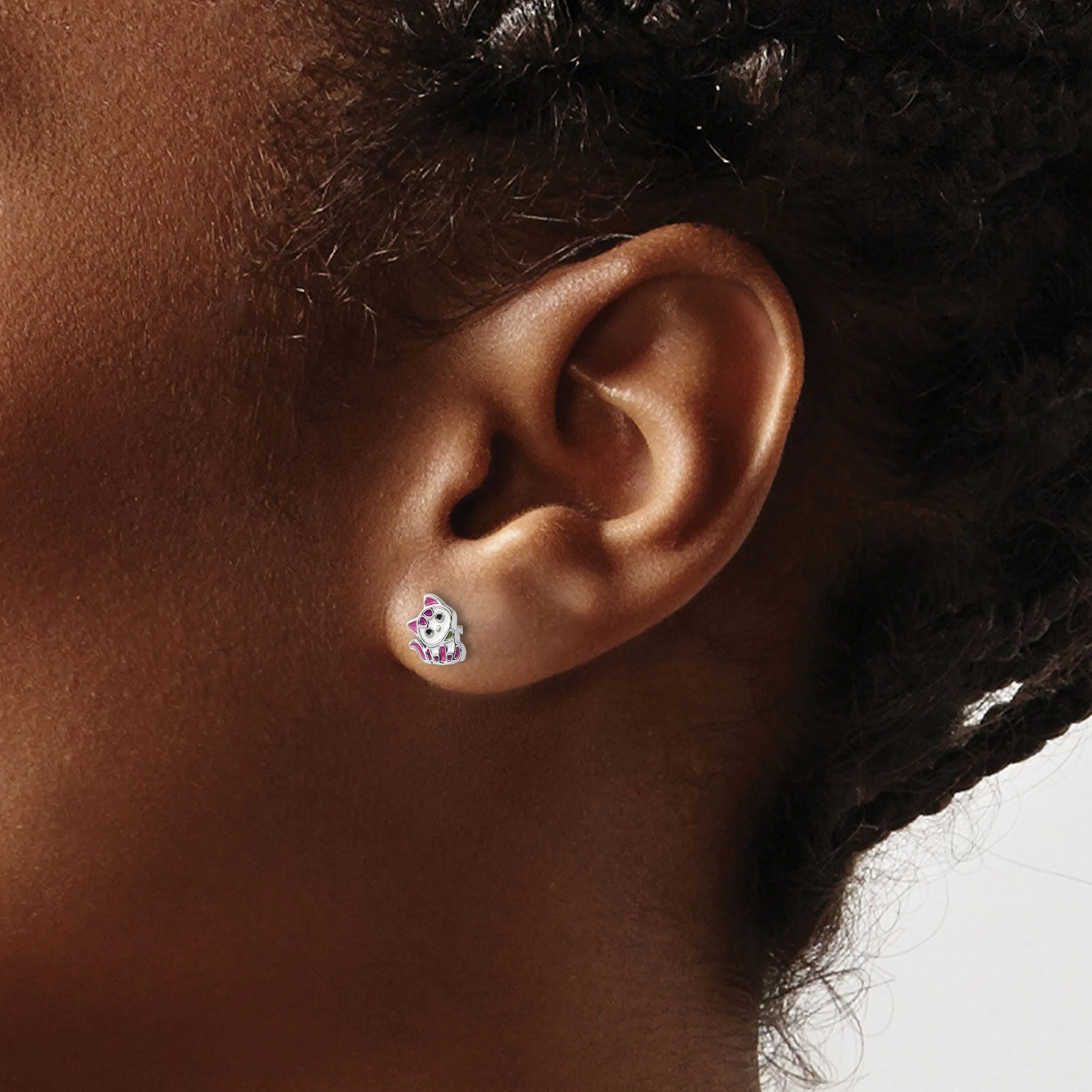 Hot Pink Kitty Stud Earrings (Silver)
