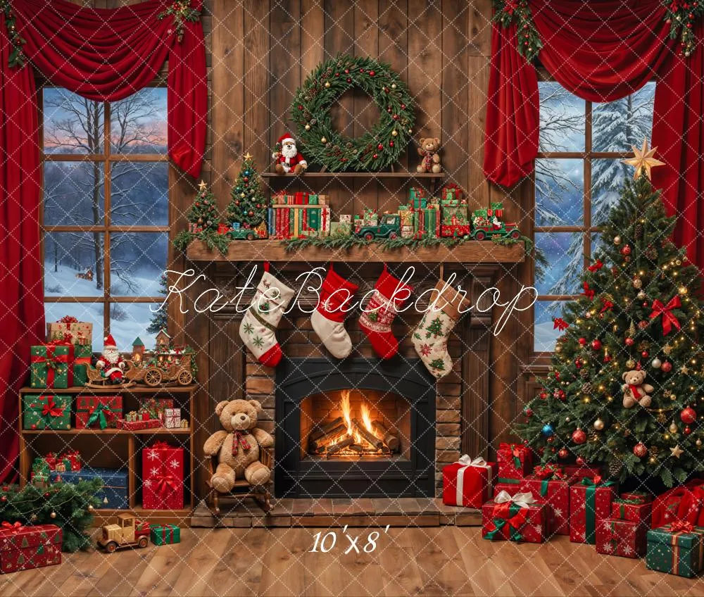Kate Christmas Tree Fireplace Wooden Fleece Backdrop Designed by Emetselch