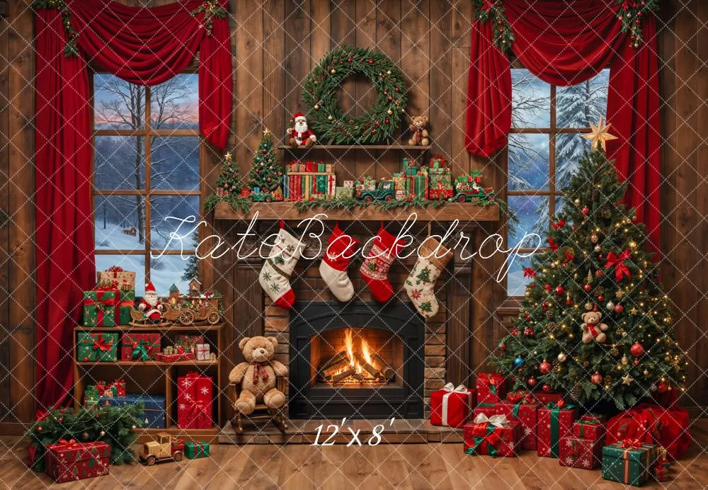 Kate Christmas Tree Fireplace Wooden Fleece Backdrop Designed by Emetselch