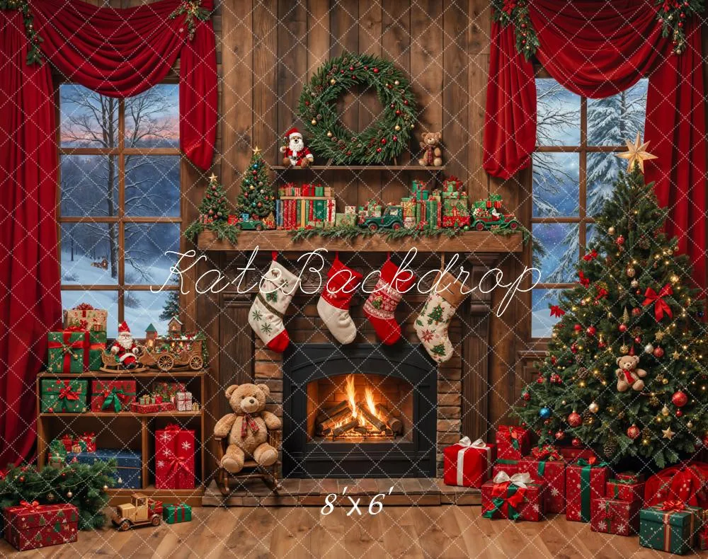Kate Christmas Tree Fireplace Wooden Fleece Backdrop Designed by Emetselch