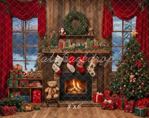 Kate Christmas Tree Fireplace Wooden Fleece Backdrop Designed by Emetselch