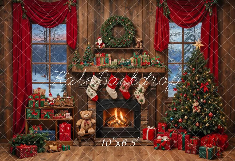 Kate Christmas Tree Fireplace Wooden Fleece Backdrop Designed by Emetselch