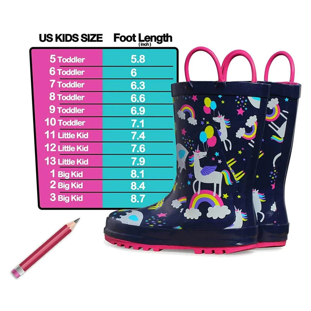 Kids Girl Boy Rain Boots Black Unicorn  - KKOMFORME