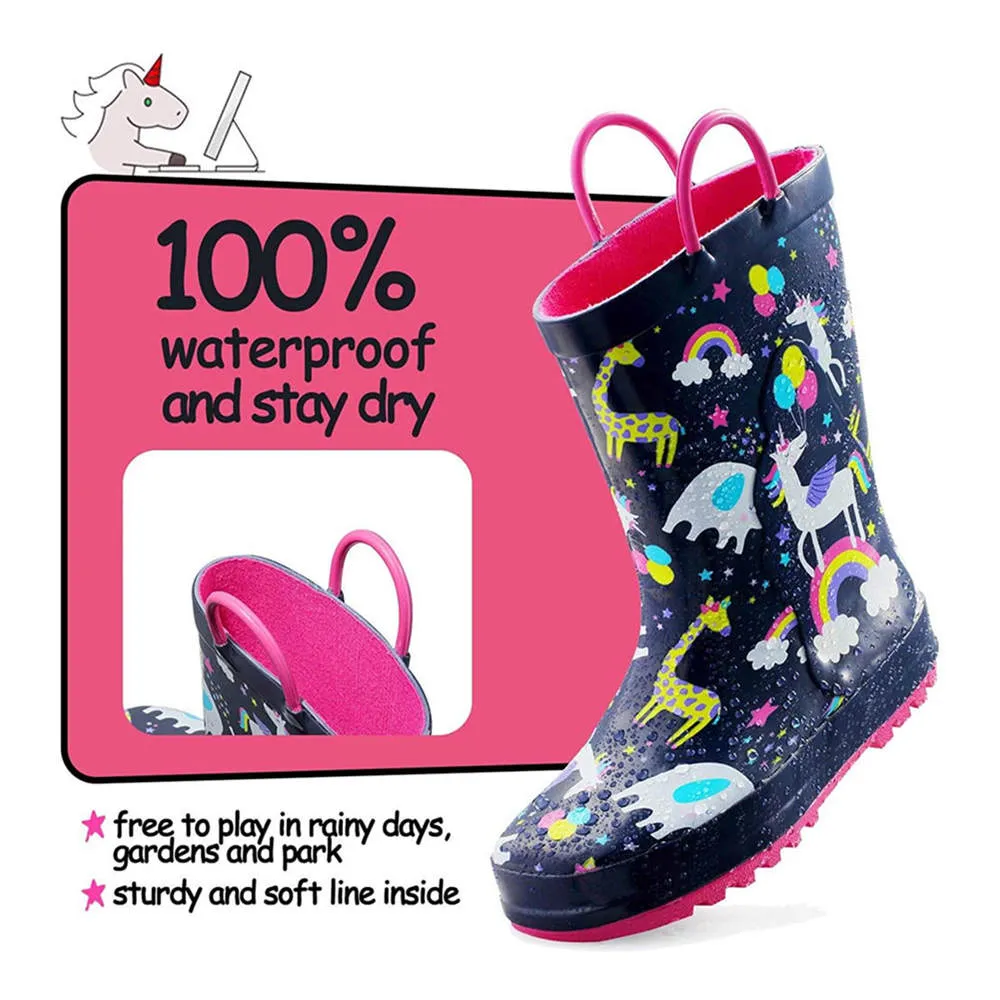 Kids Girl Boy Rain Boots Black Unicorn  - KKOMFORME