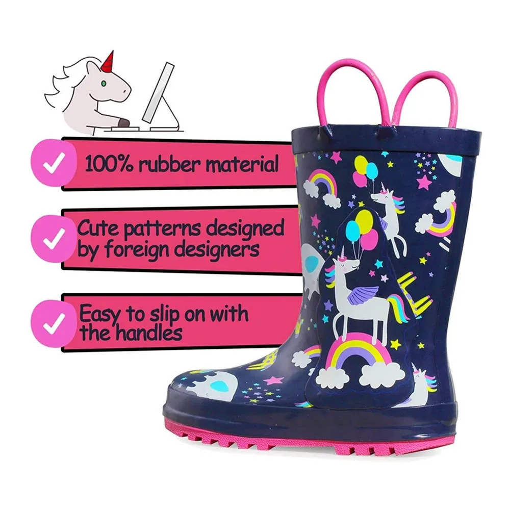 Kids Girl Boy Rain Boots Black Unicorn  - KKOMFORME