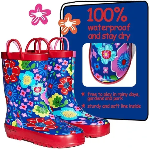 Kids Girl Boy Rain Boots Colorful Flowers- KKOMFORME