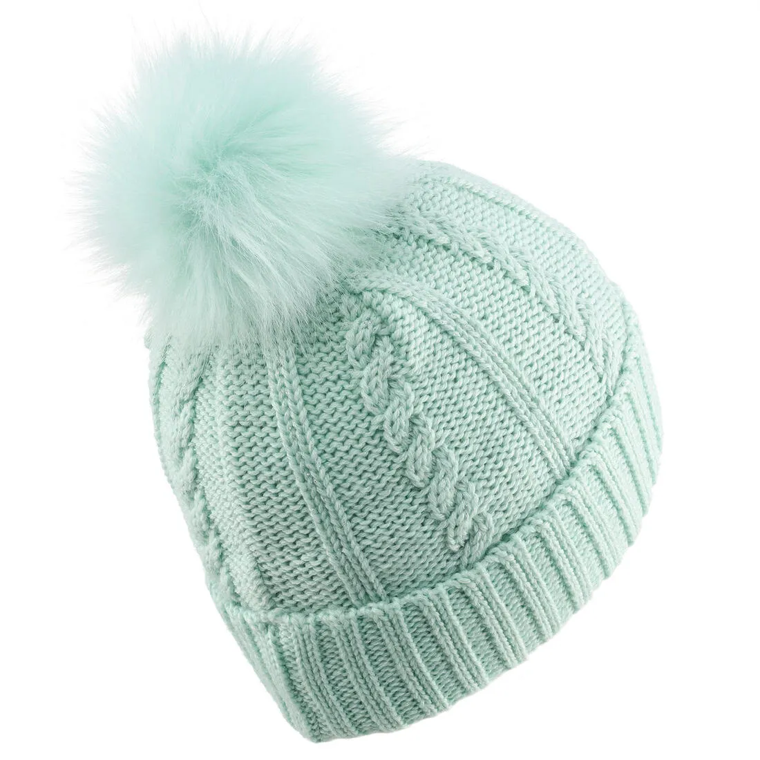 KIDS’ SKI HAT - CABLE-KNIT FUR WOOL - PALE