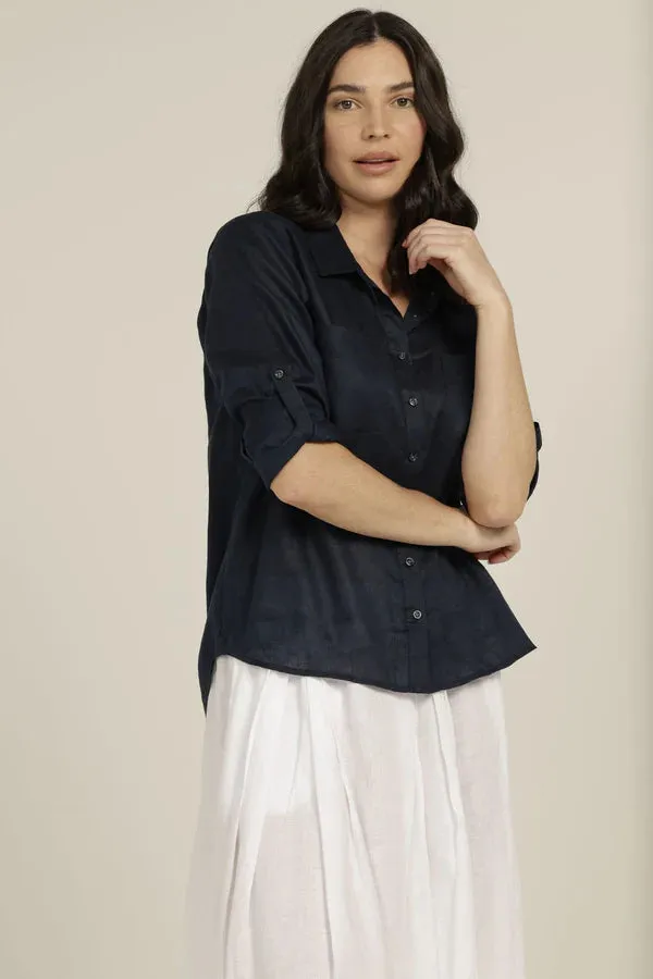 Linen Long Sleeve Pocket Shirt Navy