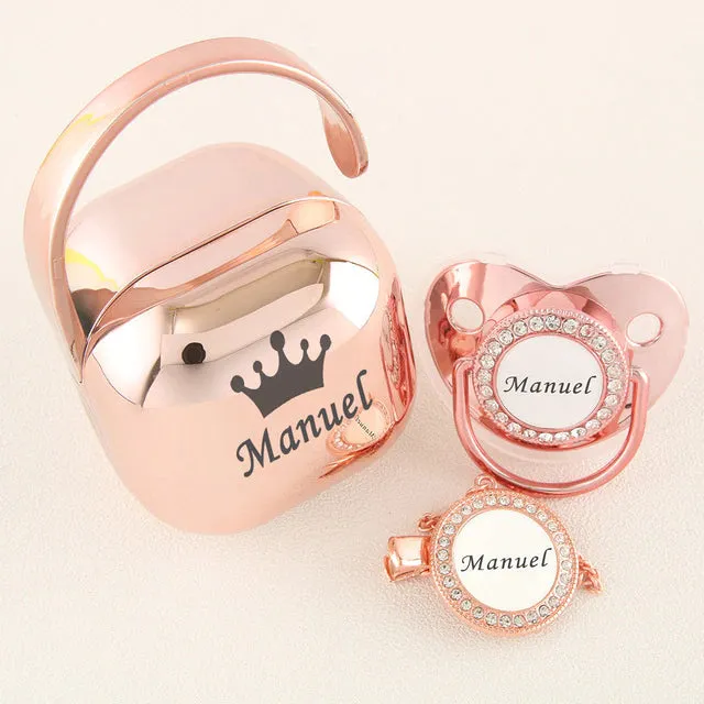 Luxury Personalized Any Name Rose Gold Bling Baby Pacifier And Clips Pacifier Box Set BPA Free Dummy Soother Unique Shower Gift