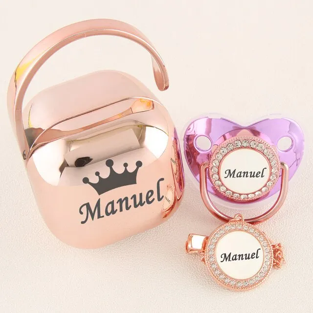 Luxury Personalized Any Name Rose Gold Bling Baby Pacifier And Clips Pacifier Box Set BPA Free Dummy Soother Unique Shower Gift