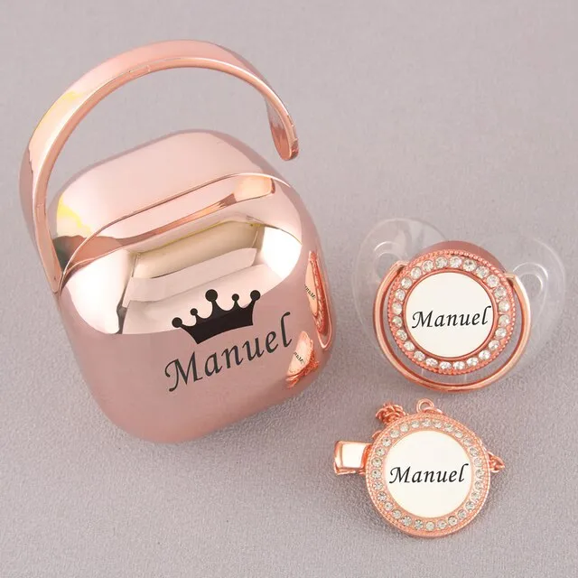 Luxury Personalized Any Name Rose Gold Bling Baby Pacifier And Clips Pacifier Box Set BPA Free Dummy Soother Unique Shower Gift