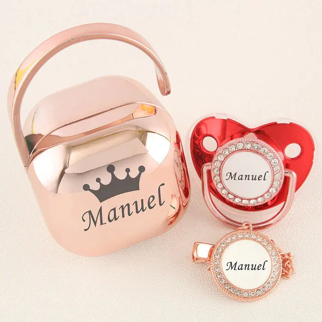 Luxury Personalized Any Name Rose Gold Bling Baby Pacifier And Clips Pacifier Box Set BPA Free Dummy Soother Unique Shower Gift