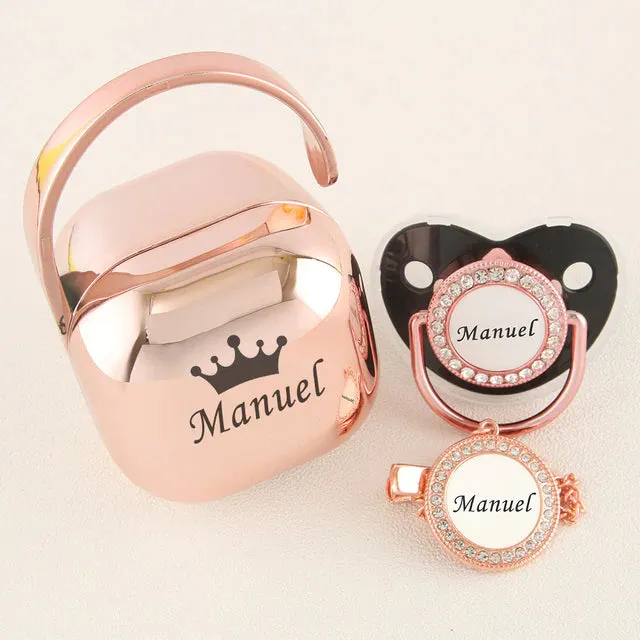 Luxury Personalized Any Name Rose Gold Bling Baby Pacifier And Clips Pacifier Box Set BPA Free Dummy Soother Unique Shower Gift