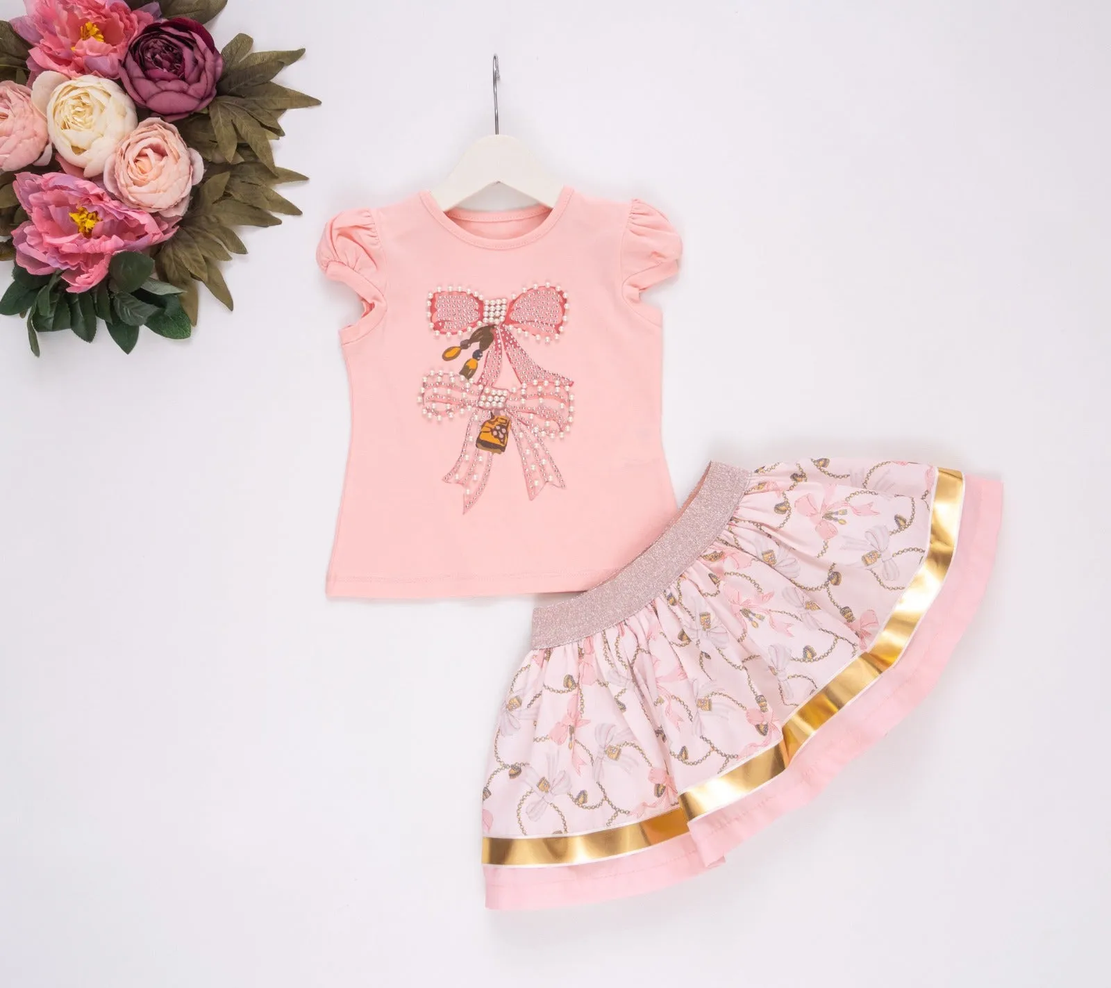 NEW SS25 Neon kid Bow Skirt Set PEACH