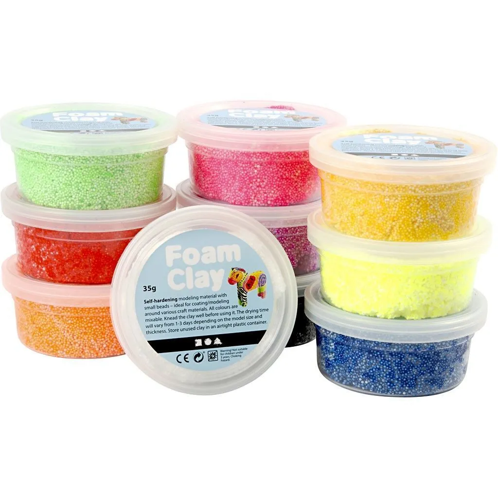 Self Hardening Foam Clay With Beads In Re-usable Tubs 35g Each - 10 Assorted Colours