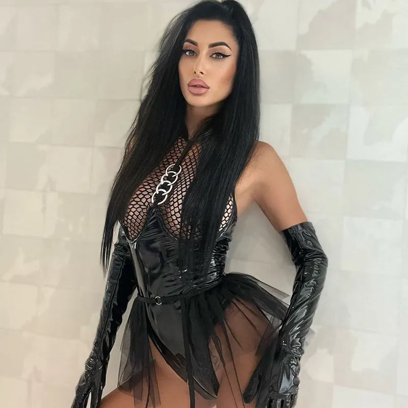 Sexy Patent Leather Garter Belts with Mesh Flared Skirt and Sheer Temptation Uniform