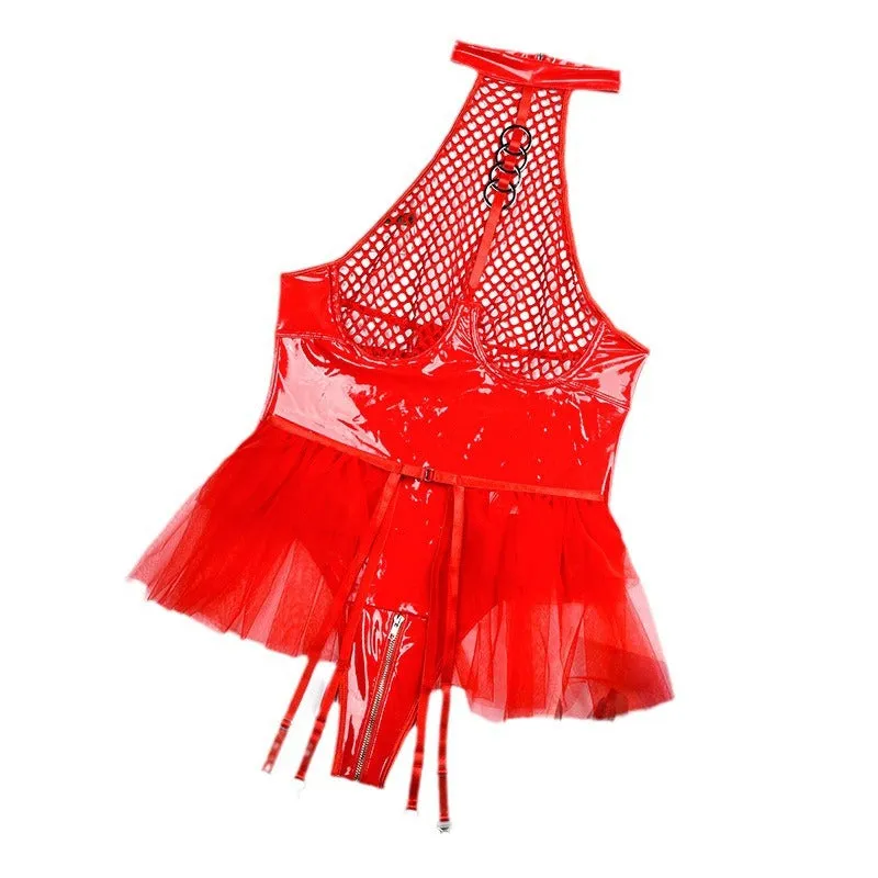 Sexy Patent Leather Garter Belts with Mesh Flared Skirt and Sheer Temptation Uniform