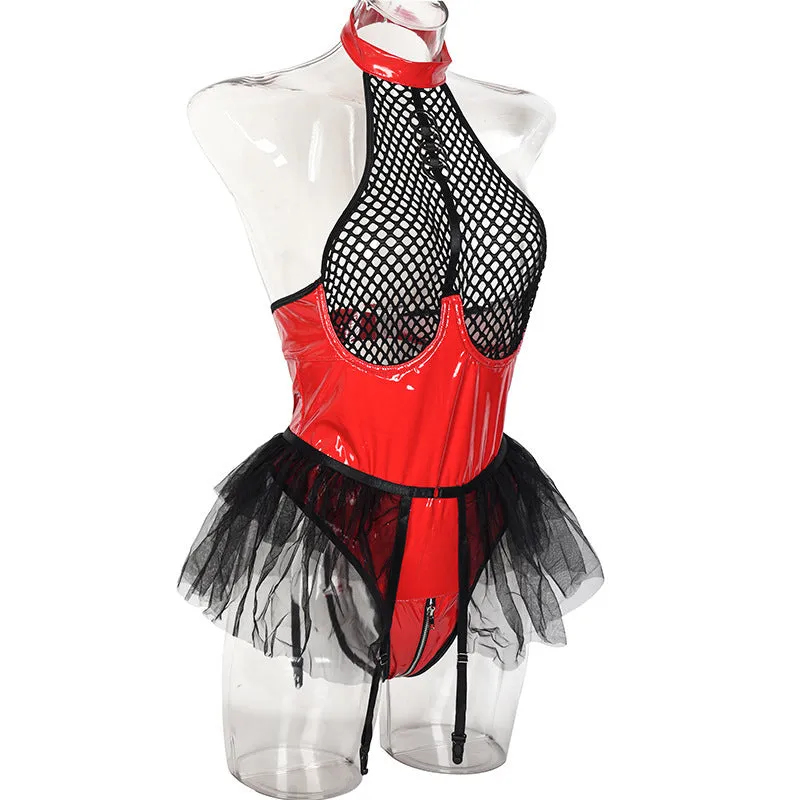 Sexy Patent Leather Garter Belts with Mesh Flared Skirt and Sheer Temptation Uniform