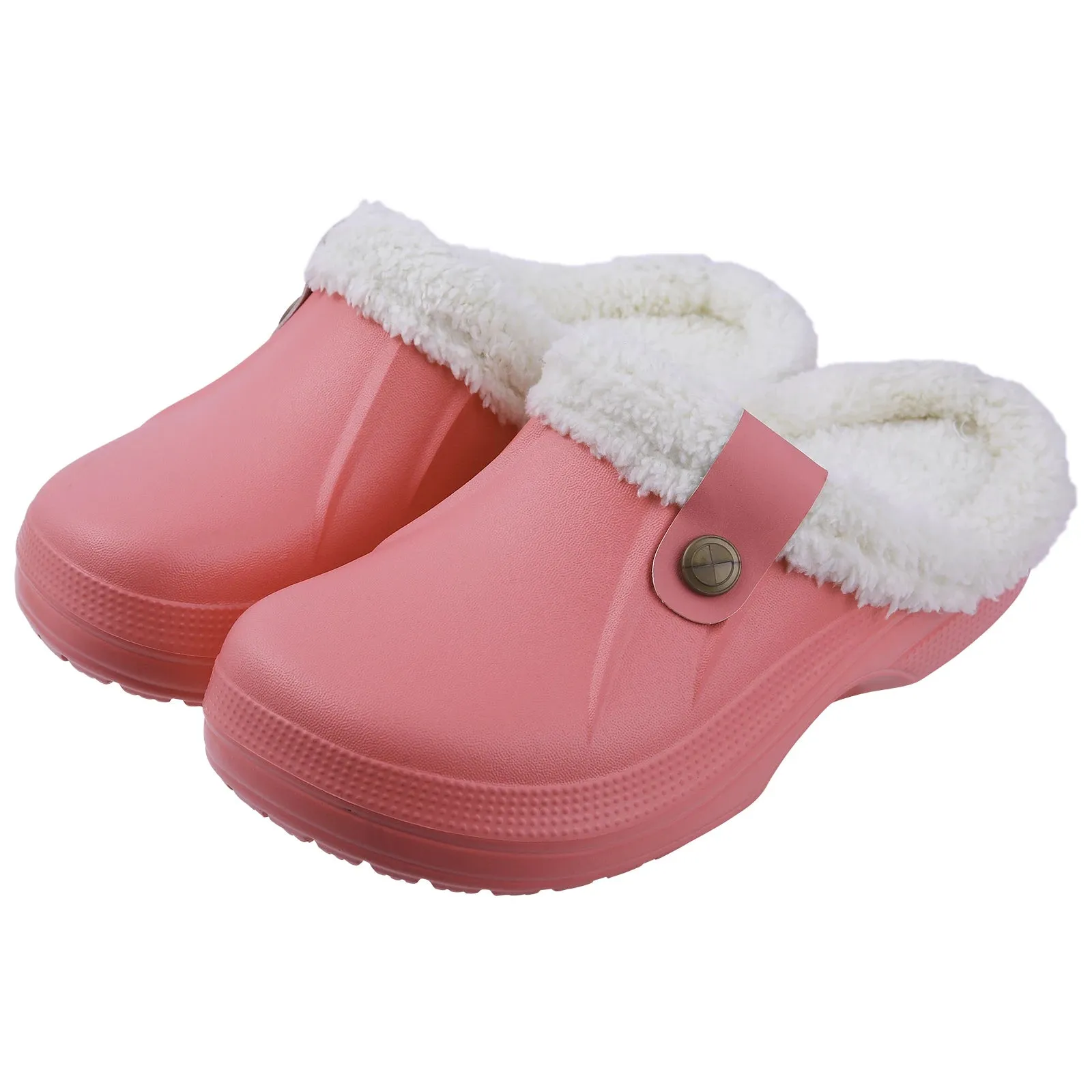 Shevalues New Fur Lined Clogs Women Waterproof Garden Shoes Winter Fluffy Plush House Slippers Couple Non-slip Fuzzy Slippers