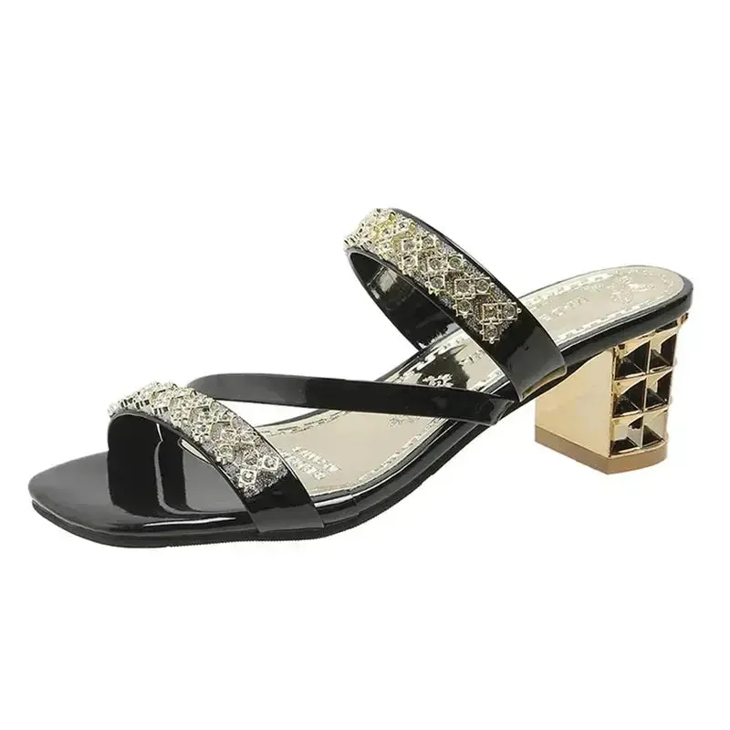Shiny Women's Sandals  Crystal High Heels Party Shoes Woman Comfortable Thick Heel Slides Sandal