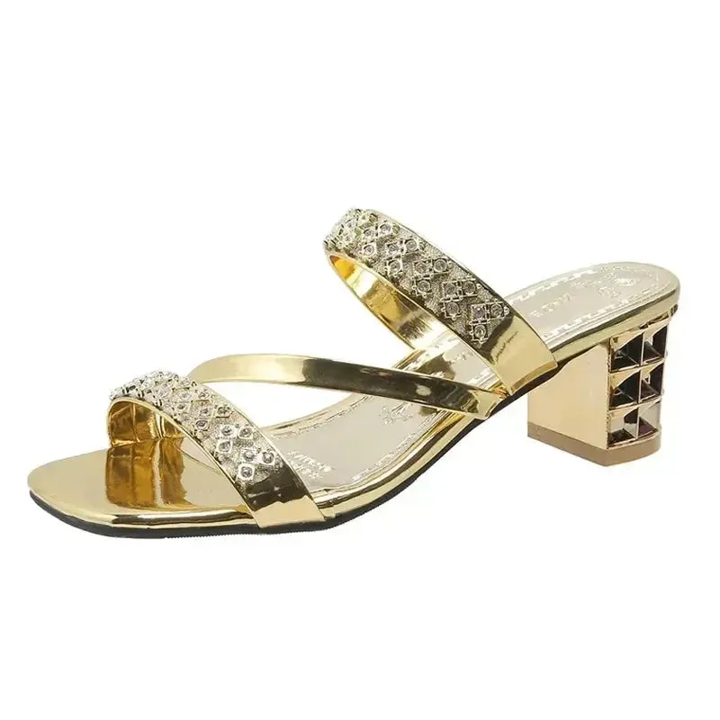 Shiny Women's Sandals  Crystal High Heels Party Shoes Woman Comfortable Thick Heel Slides Sandal