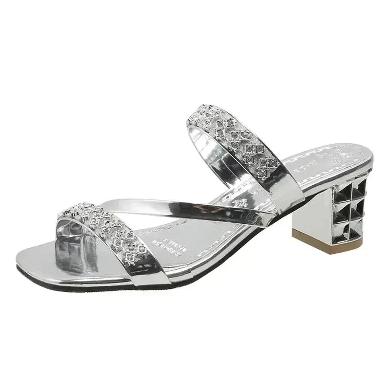 Shiny Women's Sandals  Crystal High Heels Party Shoes Woman Comfortable Thick Heel Slides Sandal