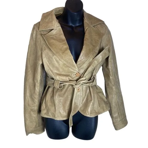 Soia &amp; kyo 100% genuine butter leather jacket belted size 38 double button brown