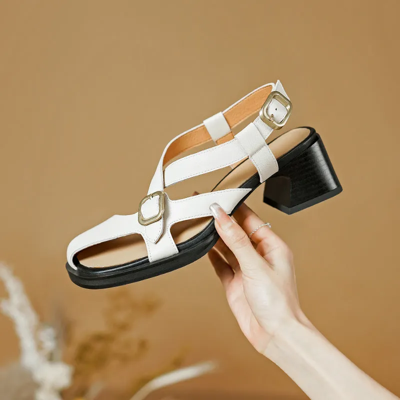 Summer Retro Square Heel Leather Sandals for Women