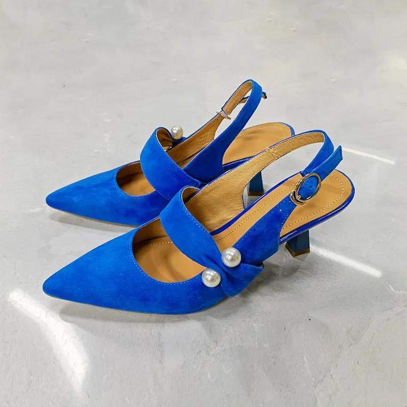woloong Party Prom Women Slingbacks Pumps Summer New Kid Suede Sandals Fashion Pointed Toe High Heels Shoes Woman Heels for Women