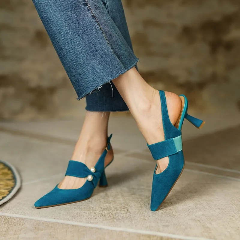 woloong Party Prom Women Slingbacks Pumps Summer New Kid Suede Sandals Fashion Pointed Toe High Heels Shoes Woman Heels for Women